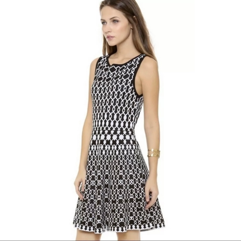 $495 Alice + Olivia Sz S Black White Geometric Print Fit and Flare Sweater Dress